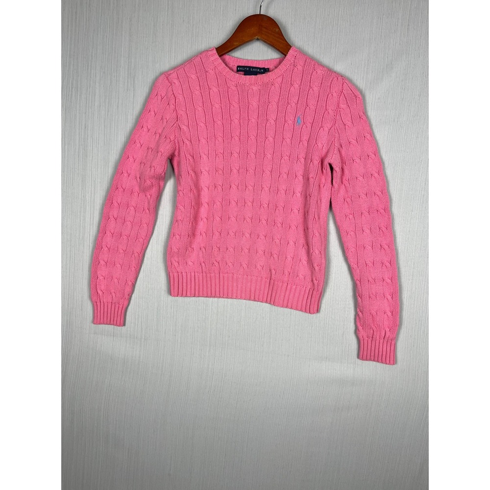 Ralph Lauren Pink Cable Knit Sweater Womens S Crew Neck Preppy Cotton Pony Logo